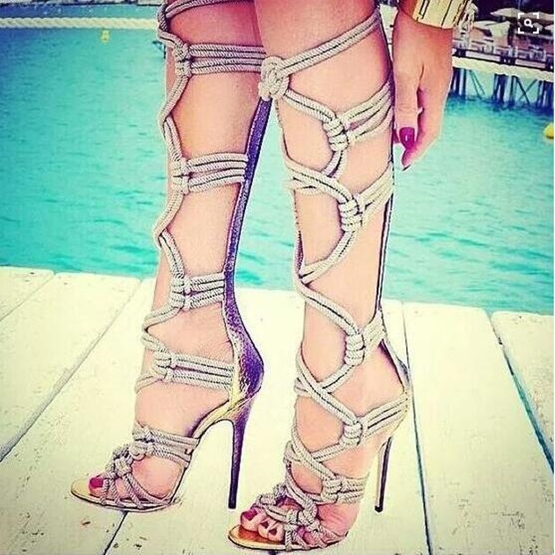 Rope Braided Boots Beige Black - đánh giá và giá Sandal Strappy Heeled