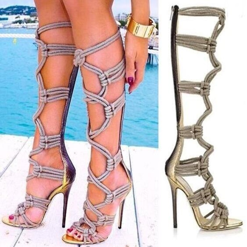 Rope Braided Boots Beige Black - đánh giá và giá Sandal Strappy Heeled